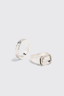 2 Pack Mixed Stone Signet Rings In Silver | BoohooMAN UK