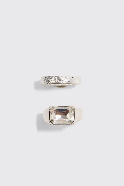 2 Pack Mixed Stone Signet Rings In Silver | BoohooMAN UK