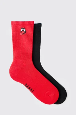 2 Pack Mouth & Fangs Embroidered Socks | BoohooMAN UK