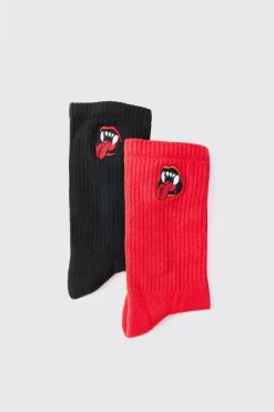 2 Pack Mouth & Fangs Embroidered Socks | BoohooMAN UK