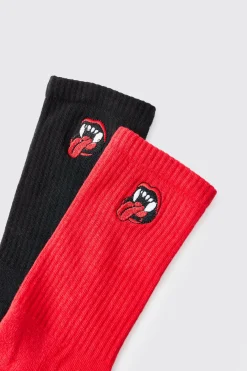 2 Pack Mouth & Fangs Embroidered Socks | BoohooMAN UK