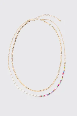 2 Pack Multi Beaded Pearl Necklaces In Gold | BoohooMAN UK