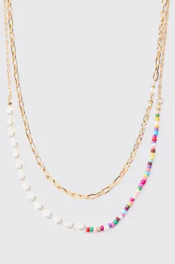 2 Pack Multi Beaded Pearl Necklaces In Gold | BoohooMAN UK