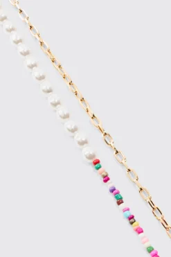 2 Pack Multi Beaded Pearl Necklaces In Gold | BoohooMAN UK