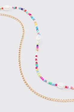 2 Pack Multi Beaded Pearl Necklaces In Gold | BoohooMAN UK