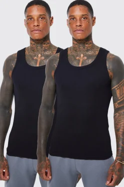 2 Pack Muscle Fit Ribbed Vest | BoohooMAN UK
