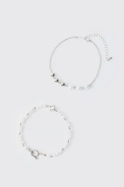 2 Pack Pearl And Dice Pendant Bracelets | BoohooMAN UK