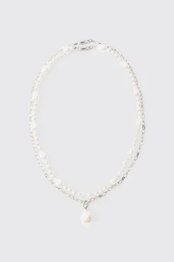 2 Pack Pearl Pendant Necklace In Silver | BoohooMAN UK