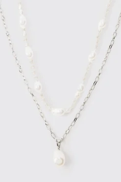 2 Pack Pearl Pendant Necklace In Silver | BoohooMAN UK