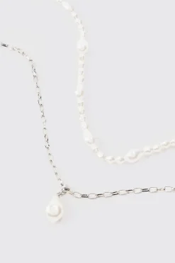 2 Pack Pearl Pendant Necklace In Silver | BoohooMAN UK