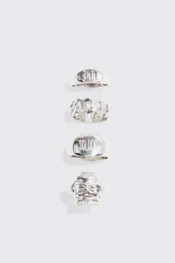 4 Pack Rings In Silver | BoohooMAN UK