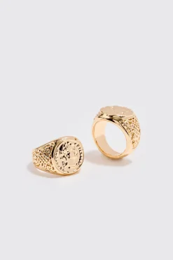 2 Pack Signet Rings In Gold | BoohooMAN UK