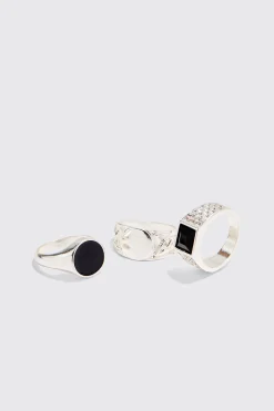 3 Pack Signet Rings In Silver | BoohooMAN UK