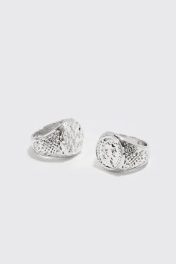 2 Pack Signet Rings In Silver | BoohooMAN UK
