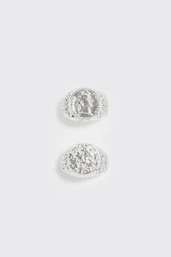 2 Pack Signet Rings In Silver | BoohooMAN UK