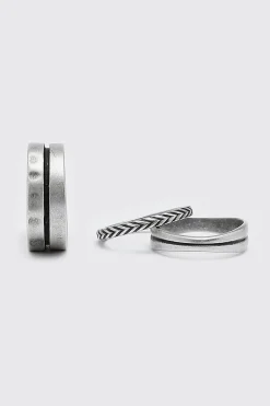 3 Pack Silver Ring Set With Stripe Detail | BoohooMAN UK