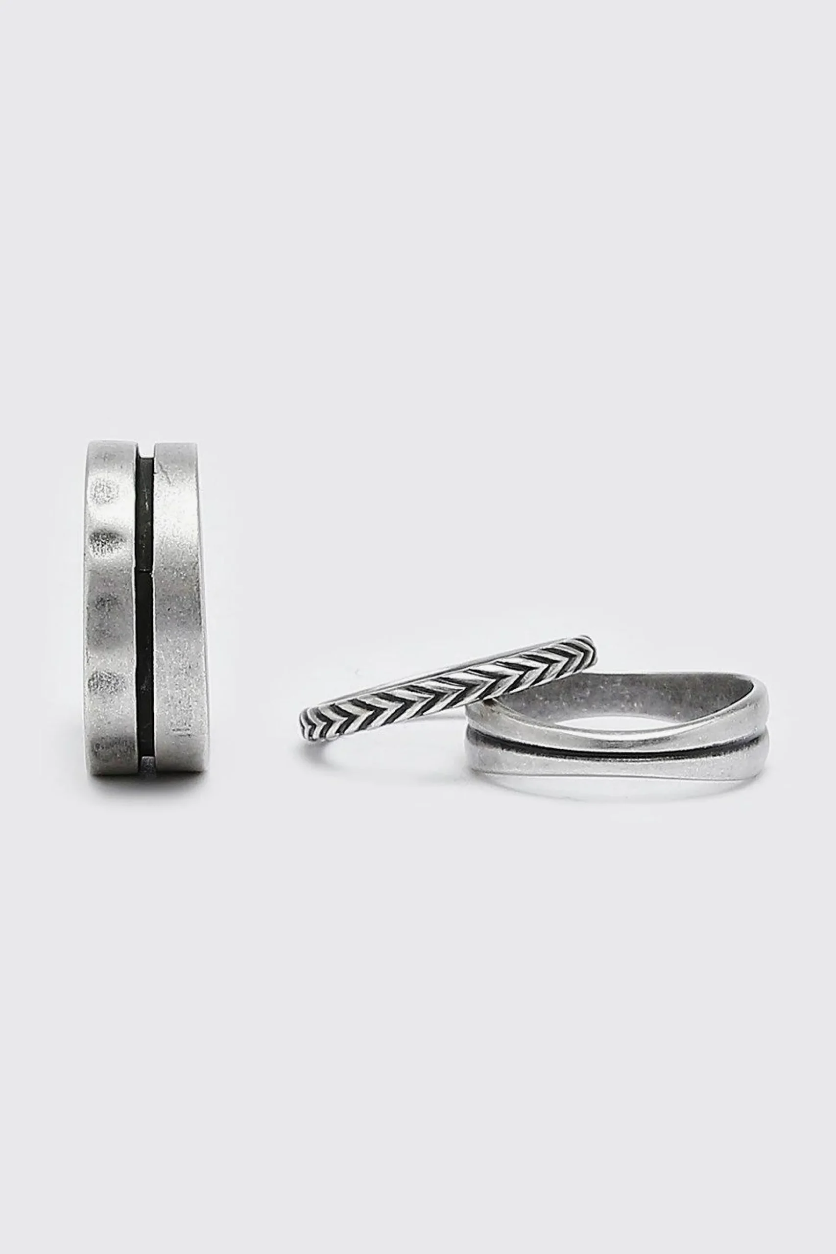 3 Pack Silver Ring Set With Stripe Detail | BoohooMAN UK