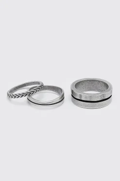 3 Pack Silver Ring Set With Stripe Detail | BoohooMAN UK