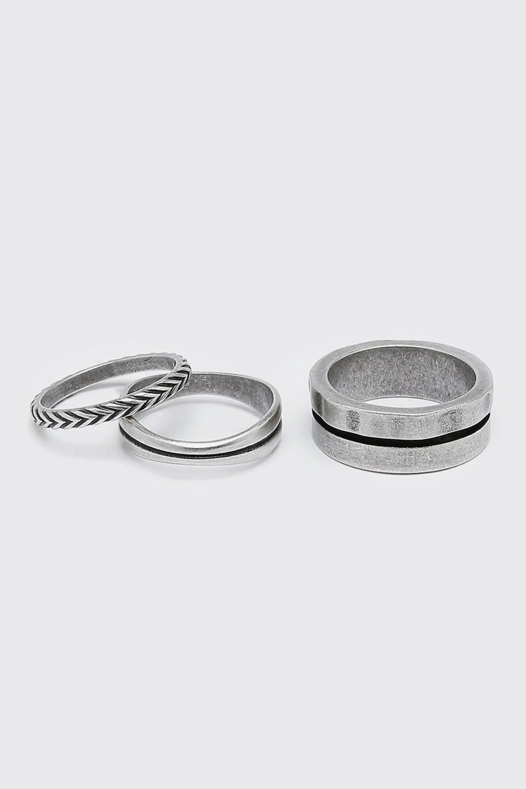 3 Pack Silver Ring Set With Stripe Detail | BoohooMAN UK