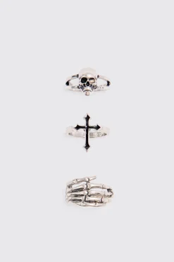 3 Pack Skull Rings | BoohooMAN UK