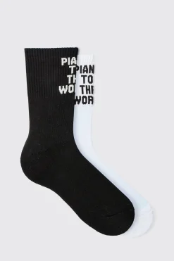 2 Pack Slogan Sports Socks | BoohooMAN UK