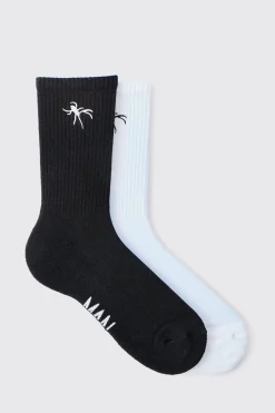 2 Pack Spider Embroidered Socks | BoohooMAN UK