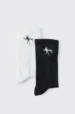 2 Pack Spider Embroidered Socks | BoohooMAN UK
