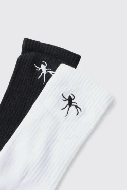 2 Pack Spider Embroidered Socks | BoohooMAN UK
