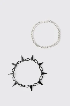 2 Pack Spike Chain Bracelets | BoohooMAN UK