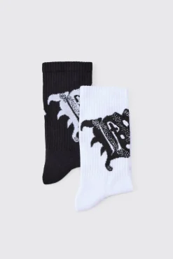 2 Pack Spray Graphic Ribbed Socks | BoohooMAN UK