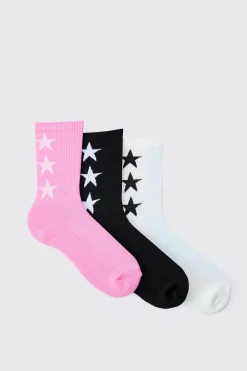 3 Pack Star Graphic Ribbed Socks | BoohooMAN UK