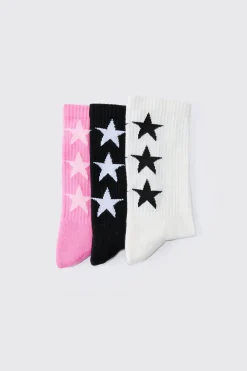 3 Pack Star Graphic Ribbed Socks | BoohooMAN UK