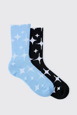 2 Pack Star Graphic Ribbed Socks | BoohooMAN UK