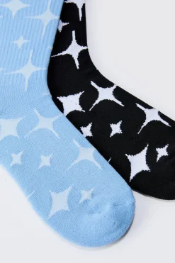 2 Pack Star Graphic Ribbed Socks | BoohooMAN UK