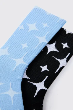 2 Pack Star Graphic Ribbed Socks | BoohooMAN UK