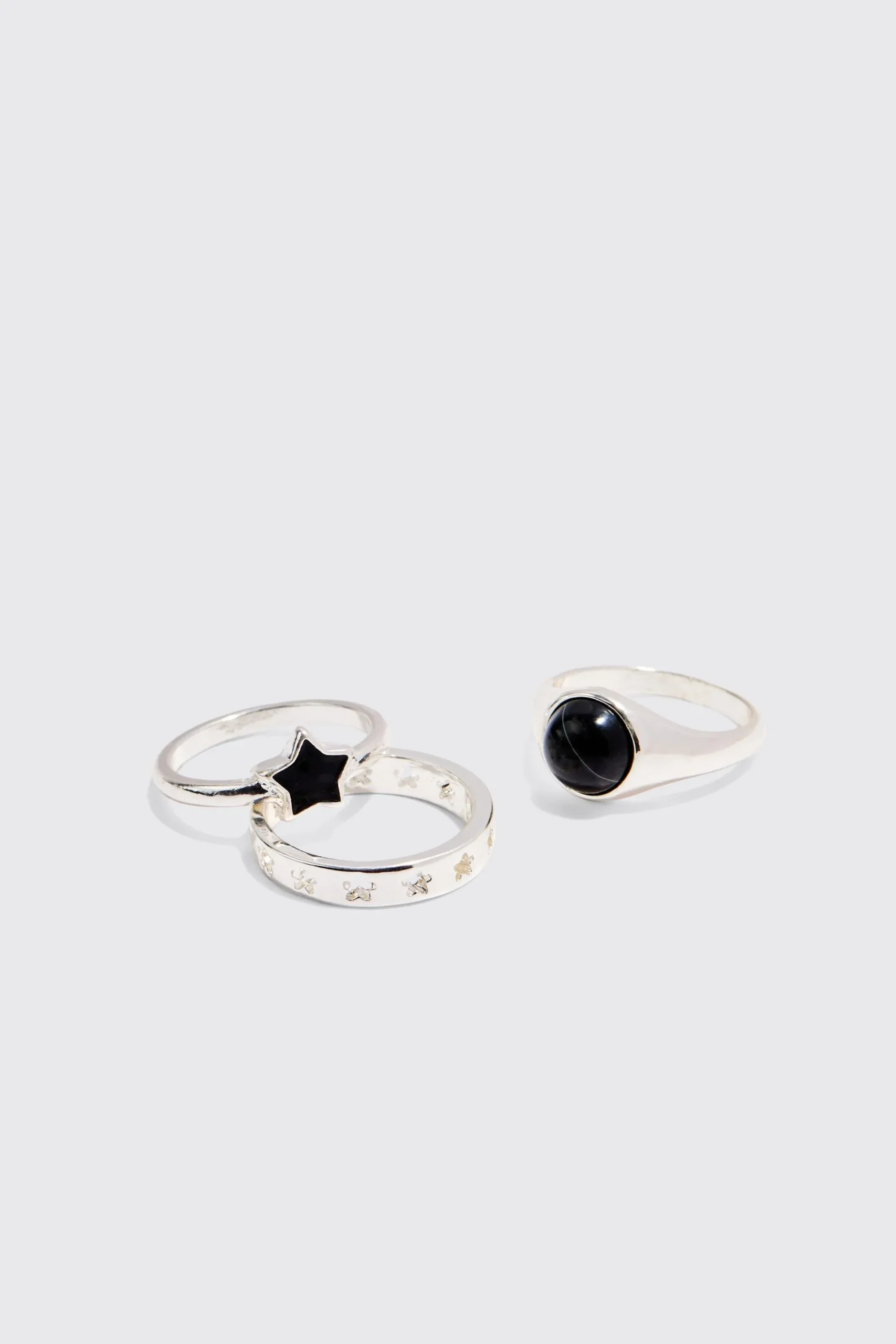 3 Pack Star Graphic Rings In Silver | BoohooMAN UK
