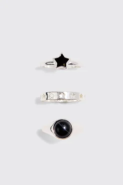 3 Pack Star Graphic Rings In Silver | BoohooMAN UK