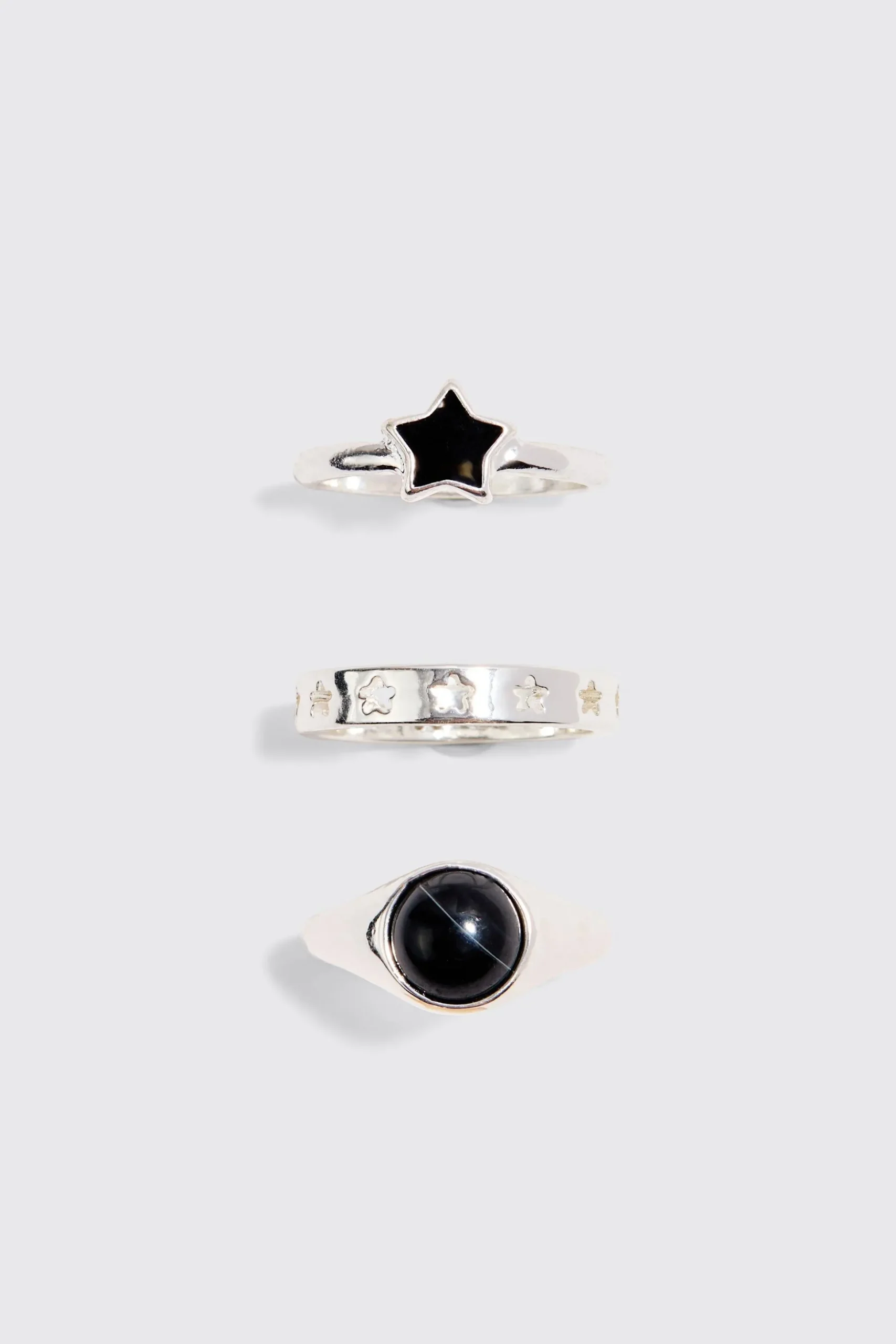 3 Pack Star Graphic Rings In Silver | BoohooMAN UK