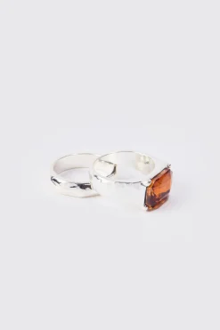 2 Pack Stone Rings In Silver | BoohooMAN UK