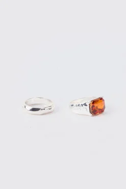 2 Pack Stone Rings In Silver | BoohooMAN UK