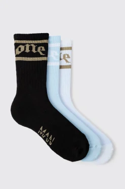 3 Pack Stripe Intarsia Knit Graphic Socks | BoohooMAN UK
