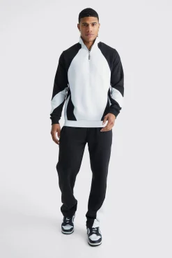 1/4 Zip Funnel Neck Colour Block Sweatshirt Tracksuit | BoohooMAN UK