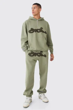 1/4 Zip Oversized Towelling Applique Tracksuit | BoohooMAN UK