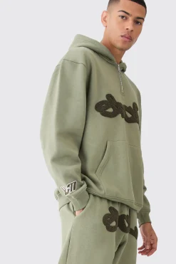 1/4 Zip Oversized Towelling Applique Tracksuit | BoohooMAN UK