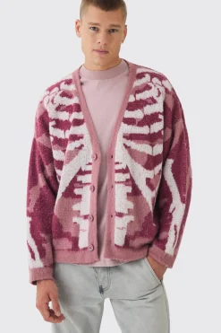 Abstract Camo Brushed Cardigan In Pink | BoohooMAN UK