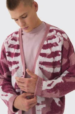 Abstract Camo Brushed Cardigan In Pink | BoohooMAN UK