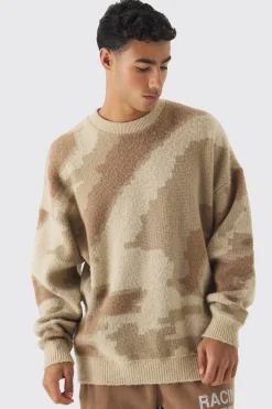 Abstract Camo Brushed Jumper In Stone | BoohooMAN UK