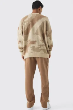Abstract Camo Brushed Jumper In Stone | BoohooMAN UK