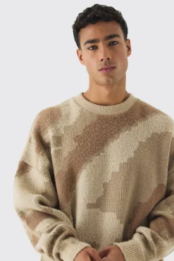 Abstract Camo Brushed Jumper In Stone | BoohooMAN UK