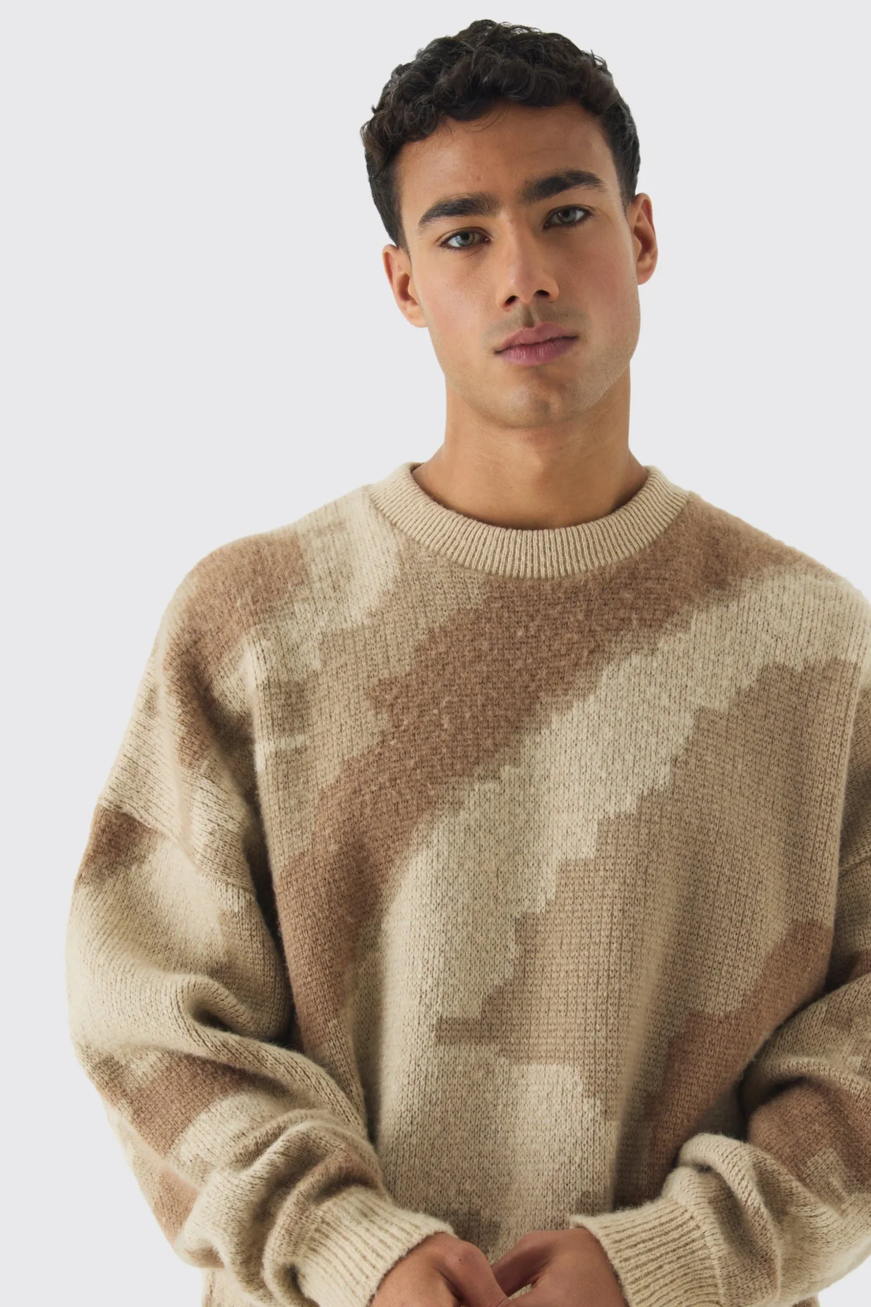 Abstract Camo Brushed Jumper In Stone | BoohooMAN UK